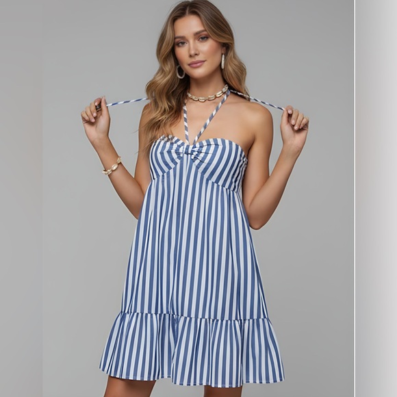 Blue Vertical Stripe Halter Neck Dress - Picture 1 of 8